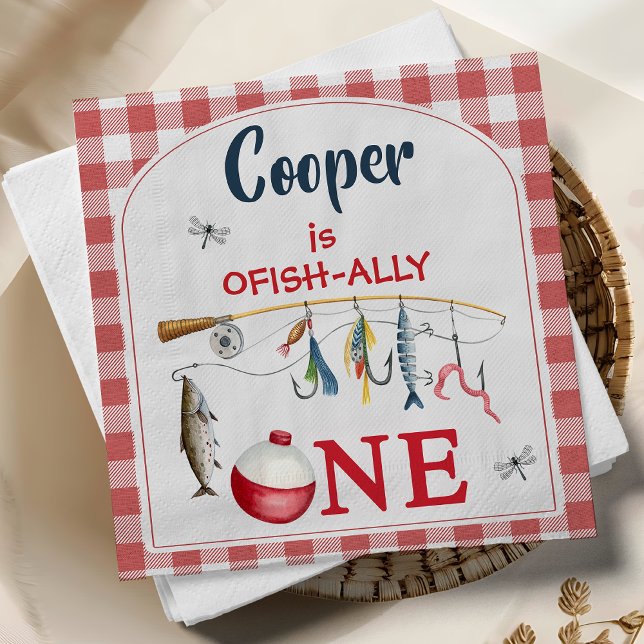 Guardanapo De Papel Modern Red Gingham Ofishally One 1st Birthday  (Fishing themed O-fish-ally 1st birthday party Napkins,
Ofish-ally One 1st Birthday Paper Napkin,)