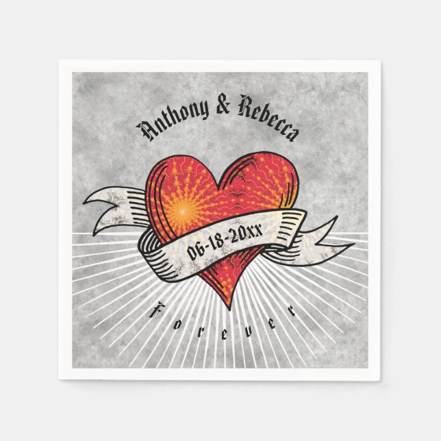 Guardanapo De Papel Modern Red Heart Adicionar Nomes e Data (Frente)