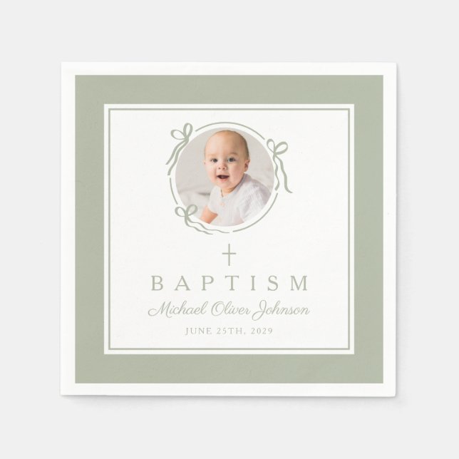 Guardanapo De Papel Modern Sage Green Religious Cross Boy Baptism (Frente)