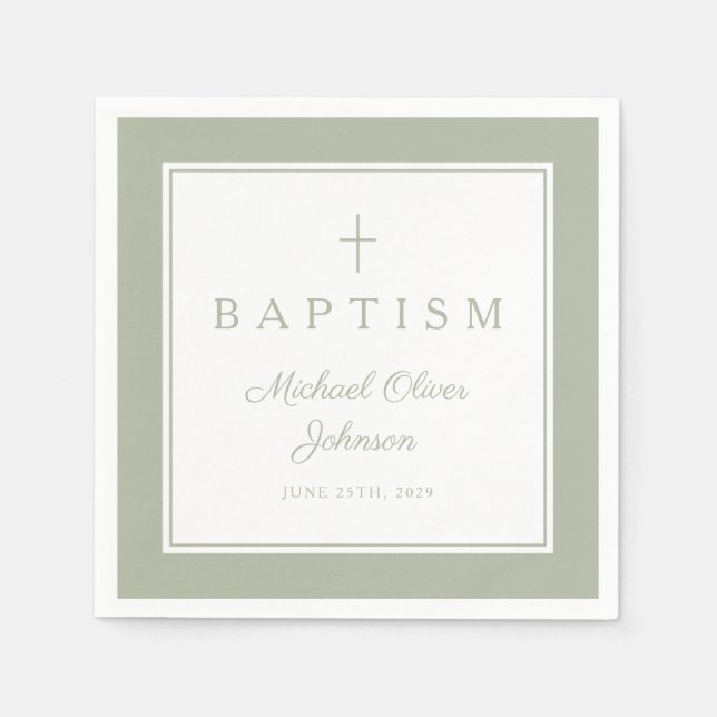 Guardanapo De Papel Modern Sage Green Religious Cross Boy Baptism (Frente)