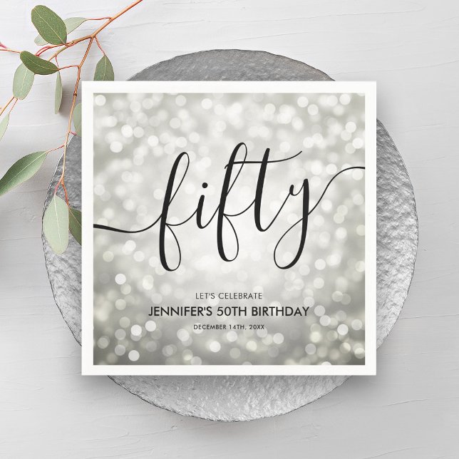 Guardanapo De Papel Modern Silver Glitter Luz 50º Aniversário (Modern Silver Glitter Lights 50th Birthday Napkins)