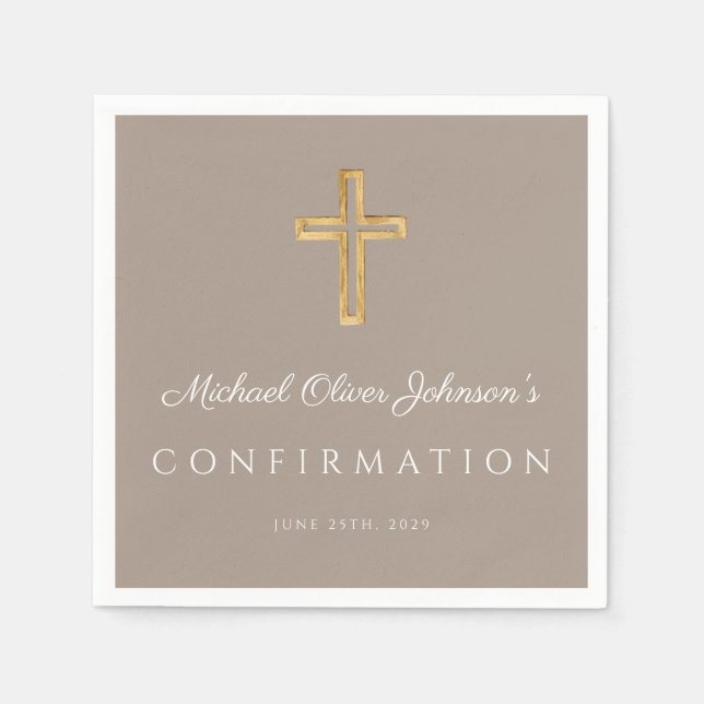 Guardanapo De Papel Modern Taupe Religious Cross Boy Confirmation (Frente)