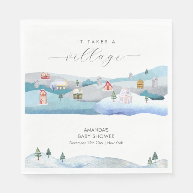 Guardanapo De Papel Modern Winter Snow It Takes A Village Baby Shower  (Frente)