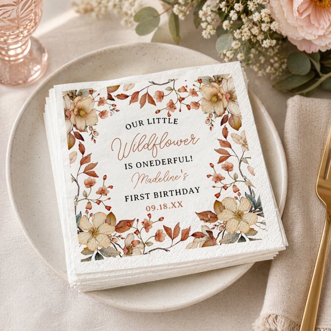 Guardanapo De Papel  Moderno Chic Script de Flor Silvestre para Aniver (Modern Chic Wildflower Script 1st Birthday Girl Napkins)