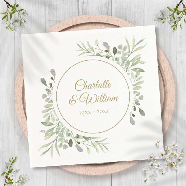 Guardanapo De Papel Moderno Elegante Ramo Verde com Letra Dourada (Criador carregado)
