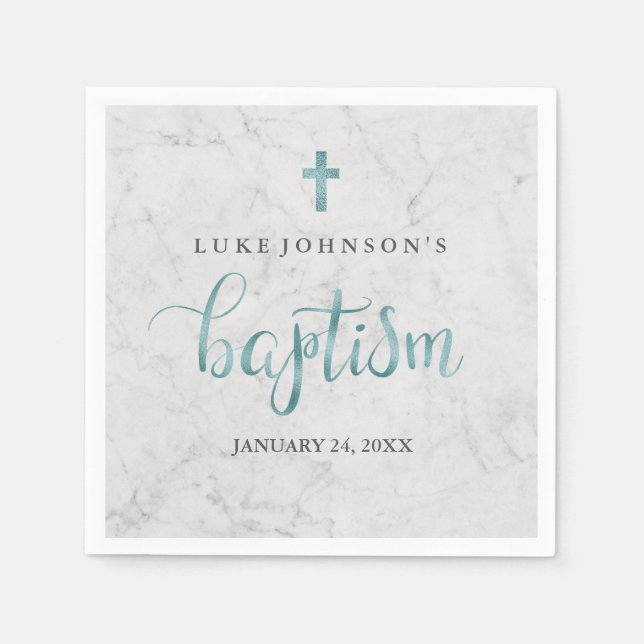 Guardanapo De Papel Moderno Marble Blue Baptism Napkin (Frente)