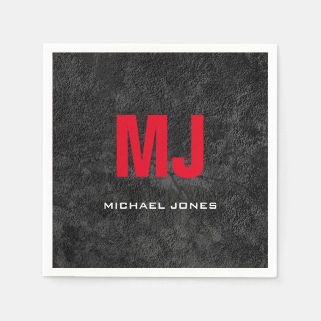 Guardanapo De Papel Moderno monograma cinza vermelho único com o seu n (Frente)