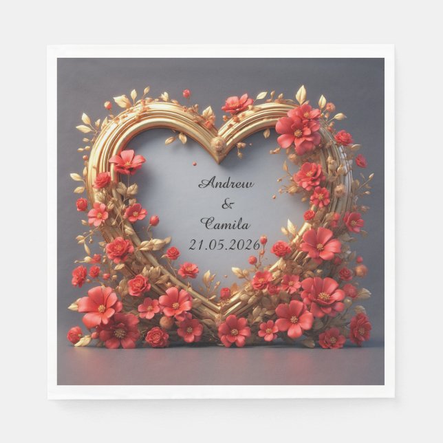 Guardanapo De Papel Moldura Dourada de Coração de Casamento (Frente)