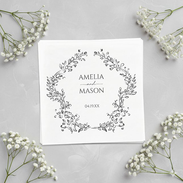 Guardanapo De Papel Moldura Floral Simples Preto e Branco Papel Casame (Simple Floral Frame Black and White Paper Wedding Napkins)