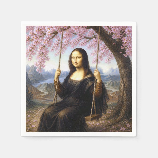 Guardanapo De Papel Mona Lisa num Balanço sob Flores de Cerejeira (Frente)