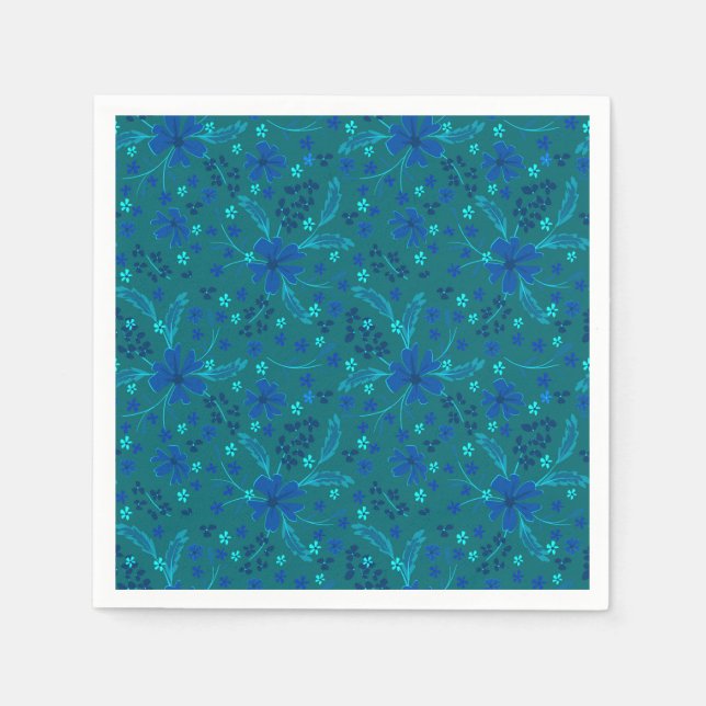 Guardanapo De Papel Monochromatic dark turquoise blue retro floral  (Frente)