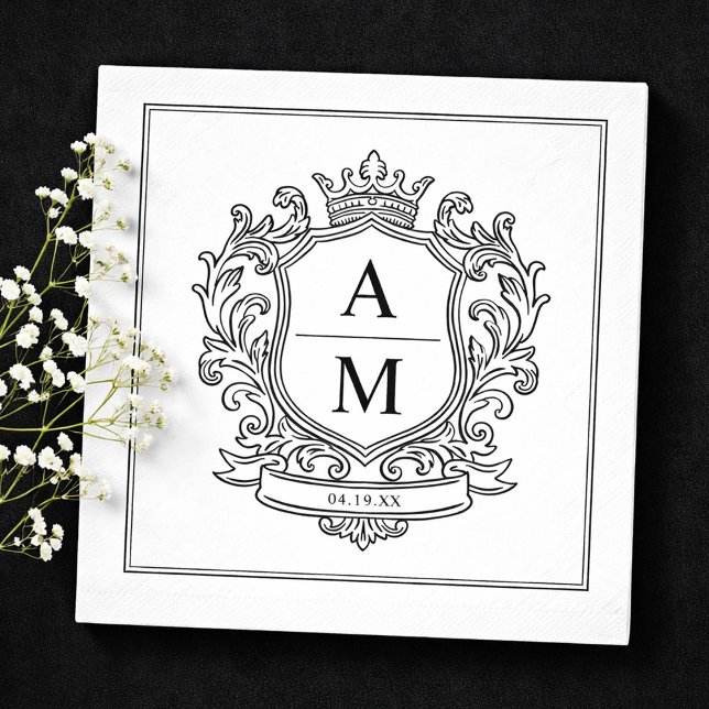 Guardanapo De Papel Monogram Crest Black and White Paper Wedding (Monogram Crest Black and White Paper Wedding Napkins)