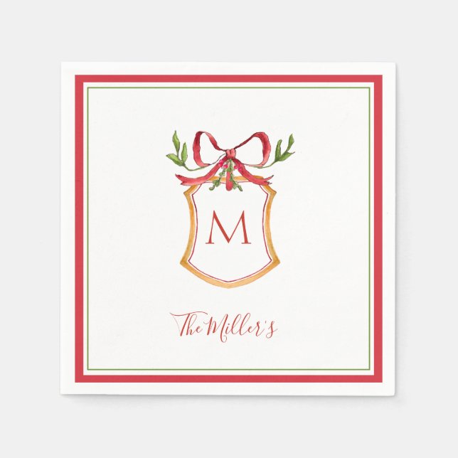 Guardanapo De Papel Monogram Crest with red bow Holiday  (Frente)
