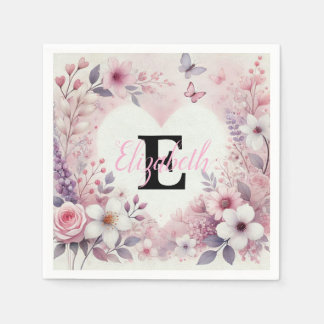 Guardanapo De Papel Monogram name floral hearts romantic watercolor 