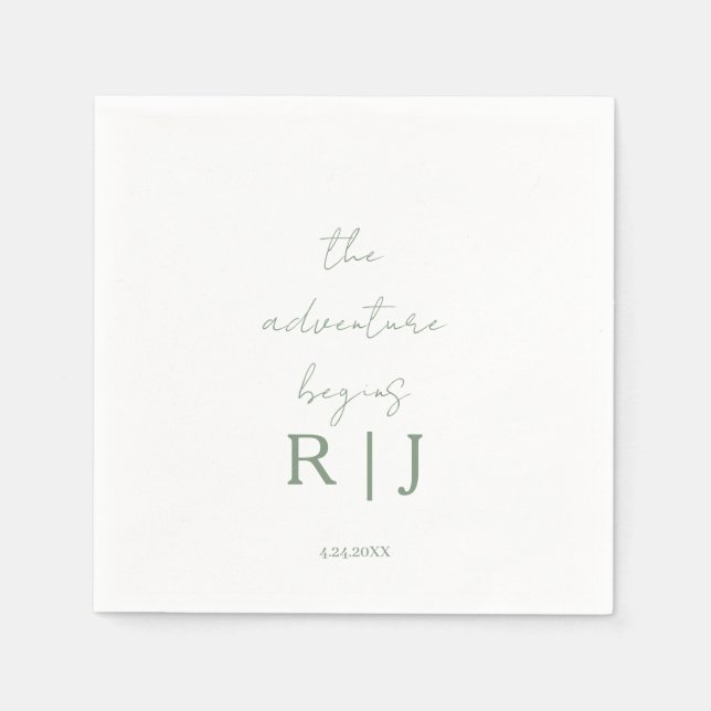 Guardanapo De Papel Monogram Sage Green Quote Adventure Begins Wedding (Frente)