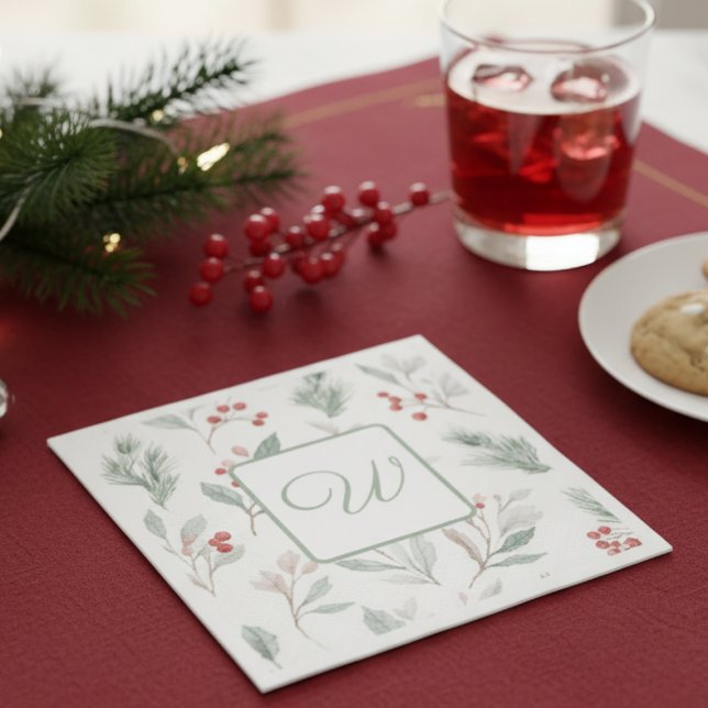 Guardanapo De Papel Monogram Winter Botanical Paper (Holiday party napkin)