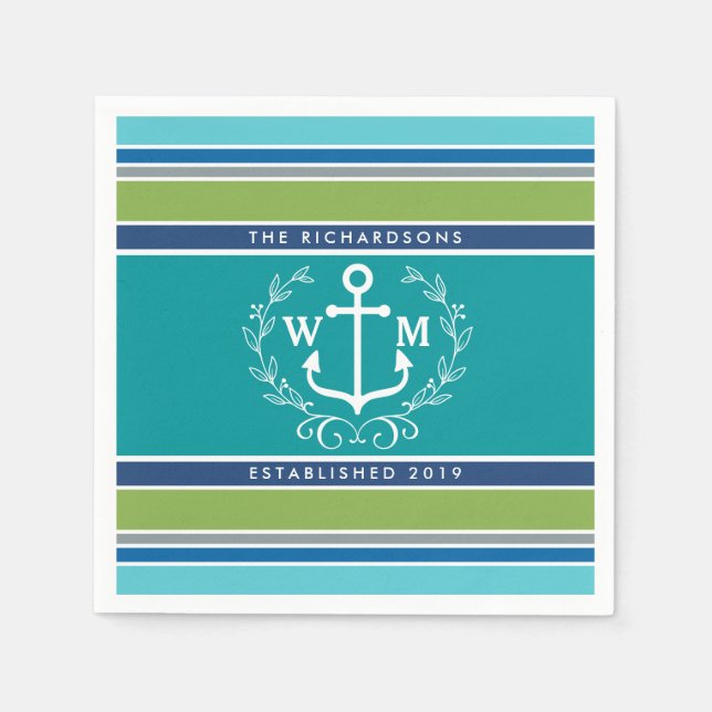 Guardanapo De Papel Monograma Âncora Laurel Wreath Stripes Náuticas (Frente)