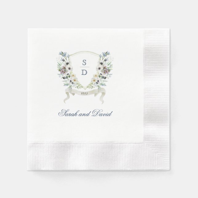 Guardanapo De Papel Monograma Aquarela Casamento Floral Crest Napkin (Frente)