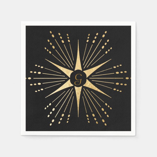 Guardanapo De Papel Monograma Art Deco Star Black e Dourado (Frente)