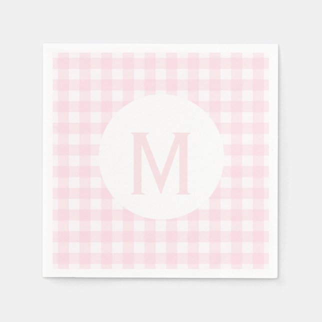 Guardanapo De Papel Monograma Básico de Gingham Rosa Pálido Simples (Frente)