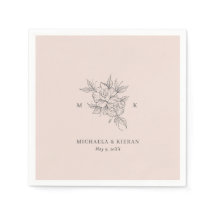 Monograma Botânico Rosa Corado Elegante Casamento