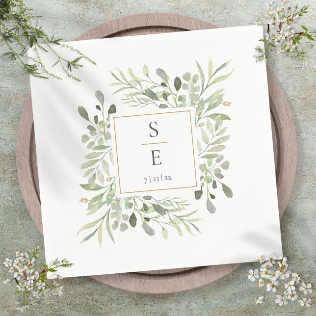 Guardanapo De Papel Monograma Casado Greenery Foliage Dourado Napkins (Monogram Wedding Greenery Foliage Gold Napkins)