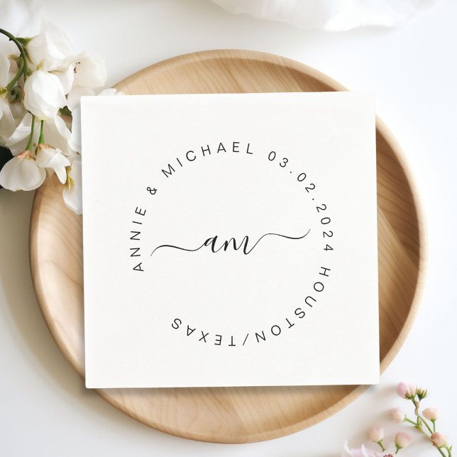 Guardanapo De Papel Monograma,Casamento Moderno, Mínimo (Monogram, modern, minimal, white wedding napkin. Personalized with your name and date.)
