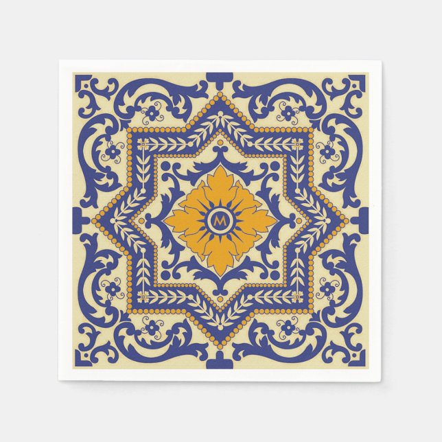 Guardanapo De Papel Monograma Cerâmico Azulejo Estilo Azulejo Azul Náp (Frente)