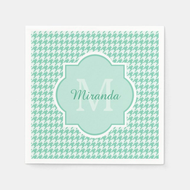 Guardanapo De Papel Monograma Chic em Verde Menta com Xadrez com Nome (Frente)