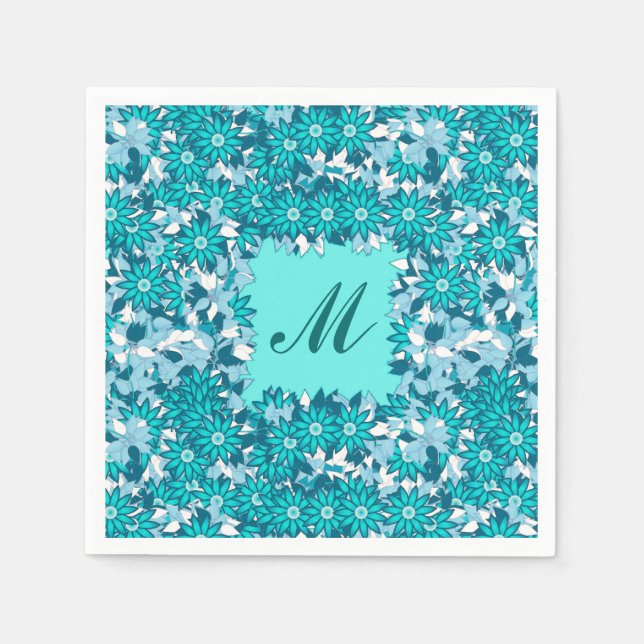 Guardanapo De Papel Monograma com flores - azul e branco (Frente)