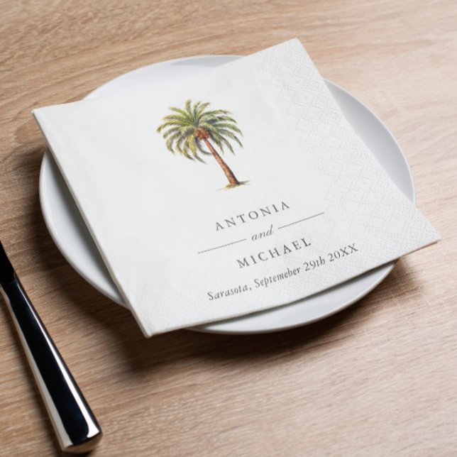 Guardanapo De Papel Monograma da palmeira tropical de aquarela Elegant (Elegant tropical Exotic palm tree in watercolor style wedding napkins. For bridal shower, engagement)