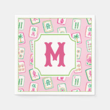 Monograma de Azulejos de Mahjong Pink & Green Palm
