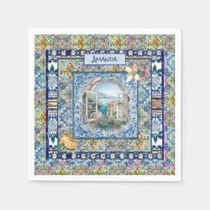 Guardanapo De Papel monograma de azulejos florais azuis-italianos de v