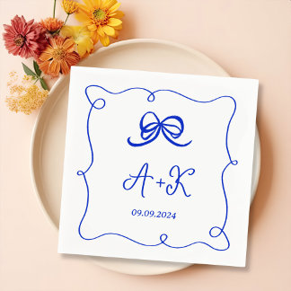 Guardanapo De Papel Monograma de Casamento Azul Francês Desenhado à Mã