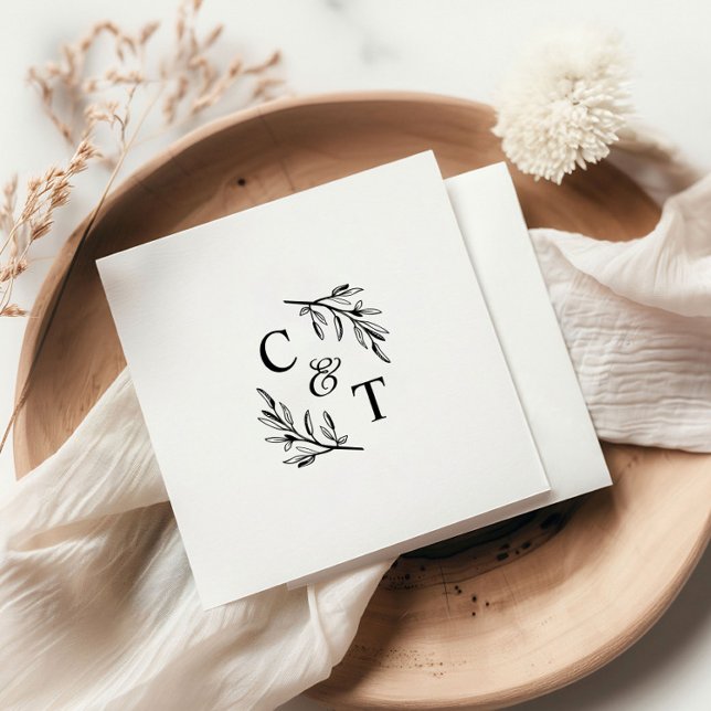 Guardanapo De Papel Monograma de Casamento com Simples Folhagens (Simple Wedding Monogram Greenery Cocktail Party Napkins.)