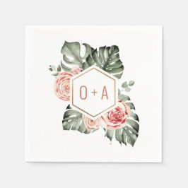 Guardanapo De Papel Monograma de Casamento de Palmeira Tropical e Rosa