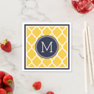 Guardanapo De Papel Monograma de Casamento de Quatrefoil Azul e Amarel
