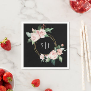 Guardanapo De Papel Monograma de Casamento Preto Floral Blush