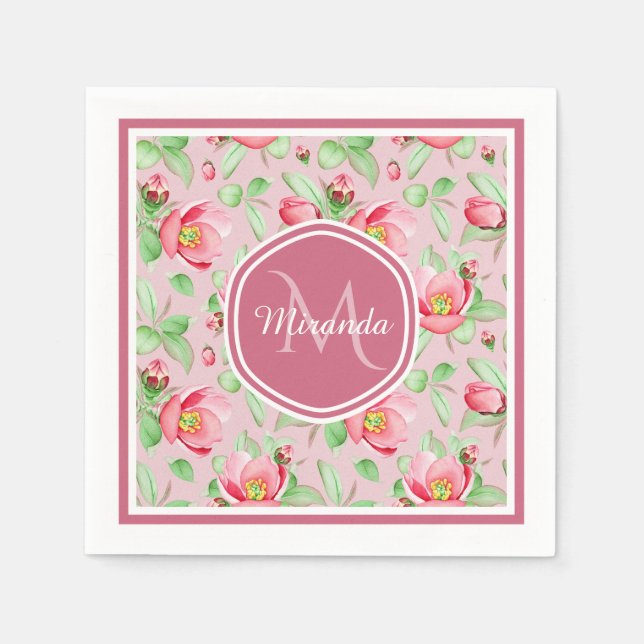 Guardanapo De Papel Monograma de Flor de Maçã Rosa (Frente)