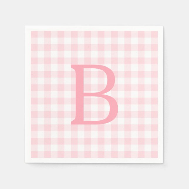 Guardanapo De Papel Monograma de Gingham Branco e Rosa Pastel (Frente)