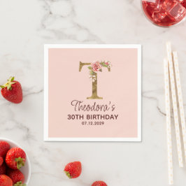 Guardanapo De Papel Monograma de letra T dourada com rosas cor de rosa