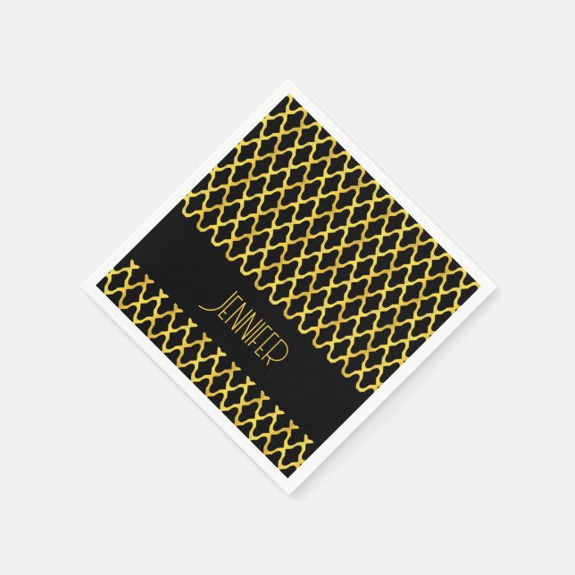 Guardanapo De Papel Monograma de ouro e quatrefoil preto (Canto)