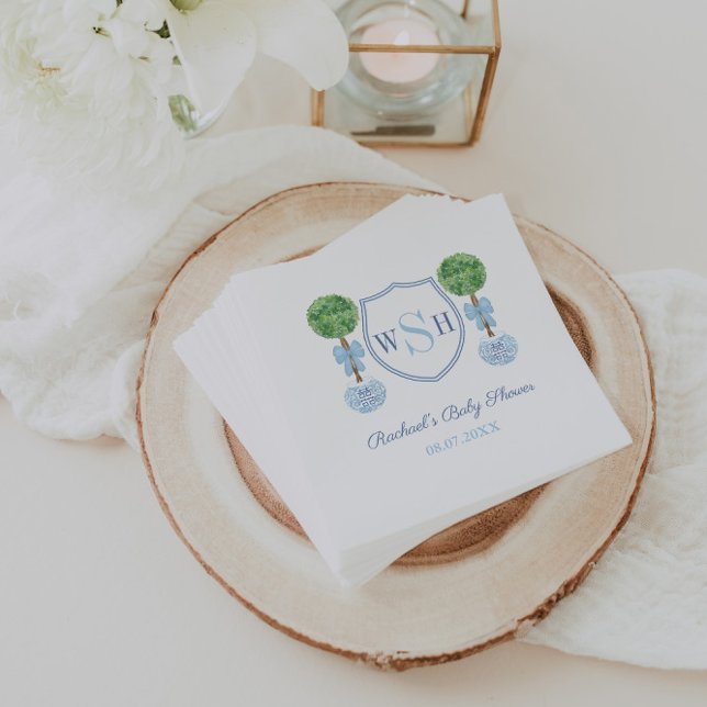 Guardanapo De Papel Monograma de pré-disquete com Topo de boxwood (Preppy topiary with blue bow and 3 letter monogram crest baby shower napkins)