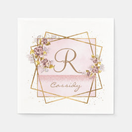 Guardanapo De Papel Monograma de Rosa Elegante em Dourado Rosado com B