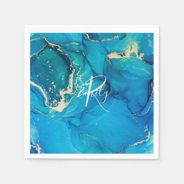 Guardanapo De Papel Monograma do Abstrato do Marble Azul e Dourado (Frente)