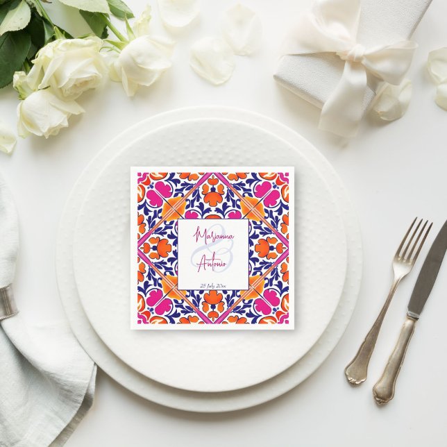 Guardanapo De Papel Monograma do casamento mexicano de talavera rosa (Pink talavera vintage Mexican wedding monogram printed Napkins personalized decor bride groom names)