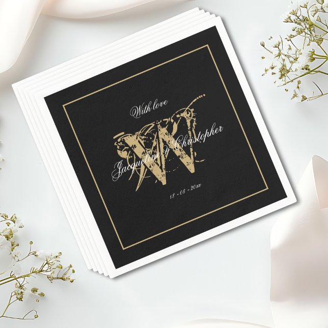 Guardanapo De Papel Monograma do Elegante Casamento Dourado Branco Neg (For an Elegant Wedding - Monogram and Names, Black, White and Gold Wedding Napkins.)
