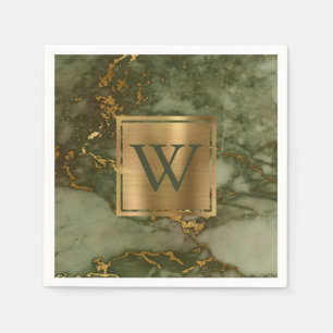 Guardanapo De Papel Monograma Dourado de Mármore Verde Elegante