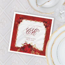 Guardanapo De Papel Monograma Dourado Floral Vermelho de Casamento Ele