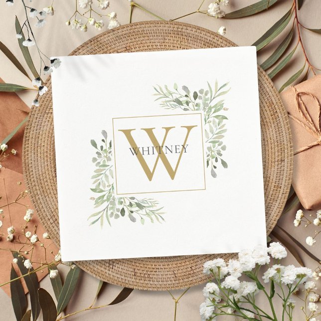 Guardanapo De Papel Monograma Dourado moderno Greenery Floral Napkins (Modern Gold Monogram Greenery Floral Napkins)